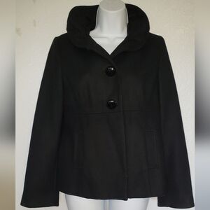 Black Wool Coat Blazer Jacket Size S Ruffled Neck Detail